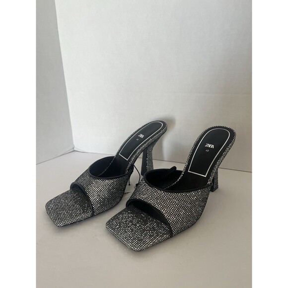 NWT Zara Women's Silver Embellished Square Tow Heeled Sandal Size 9 (Euro 40) - Picture 2 of 10